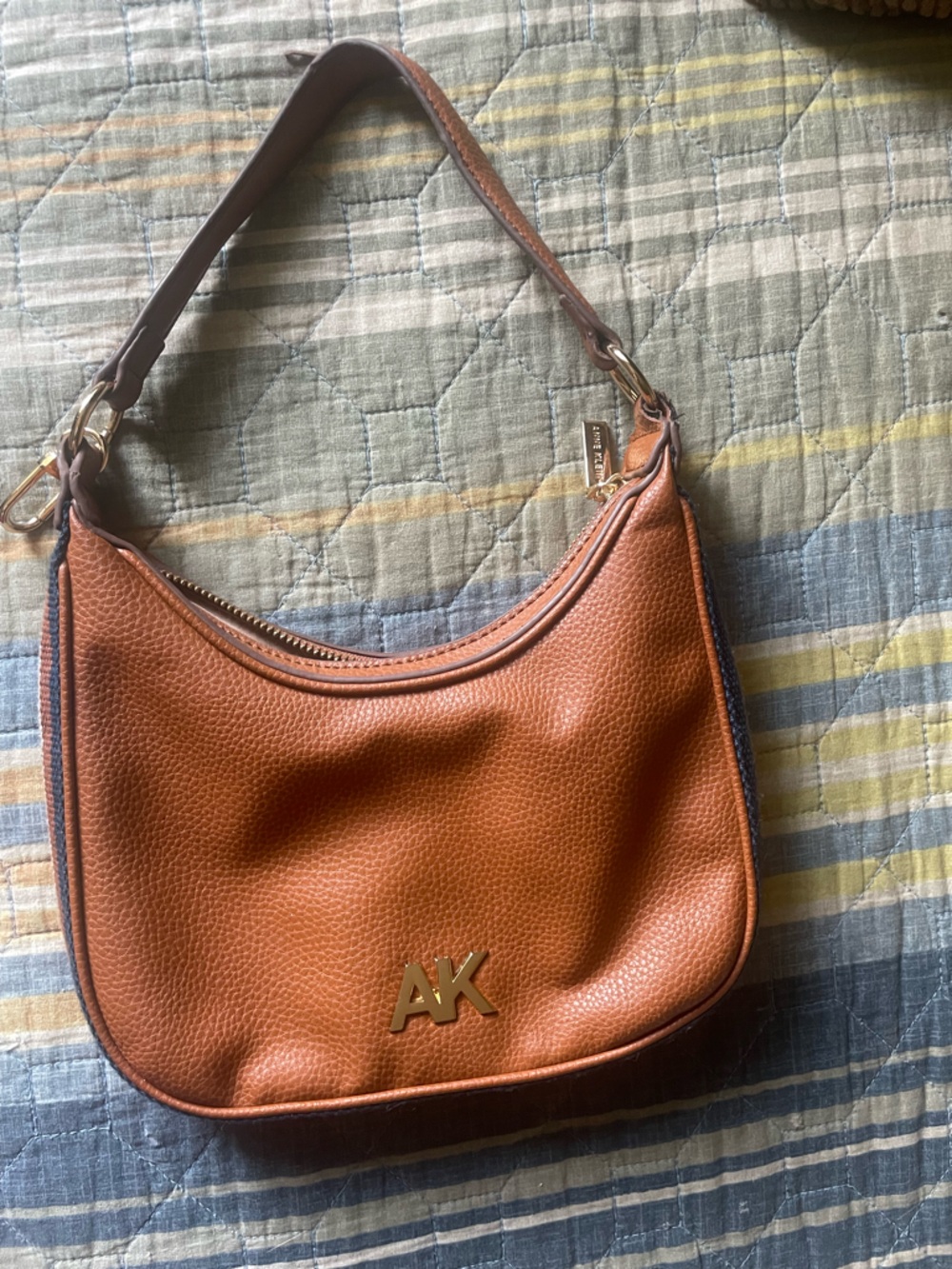 Anne Klein Cognac Pebbled Leather Shoulder Bag with Gold AK Logo